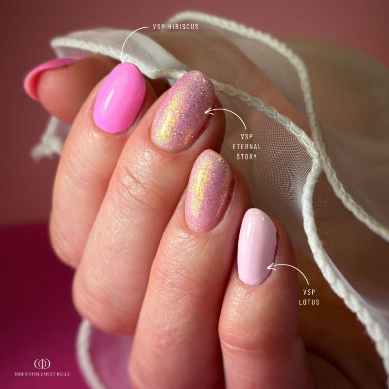 Pose d'ongles ovale avec le vernis semi permanent Lotus, vieux rose pastel
