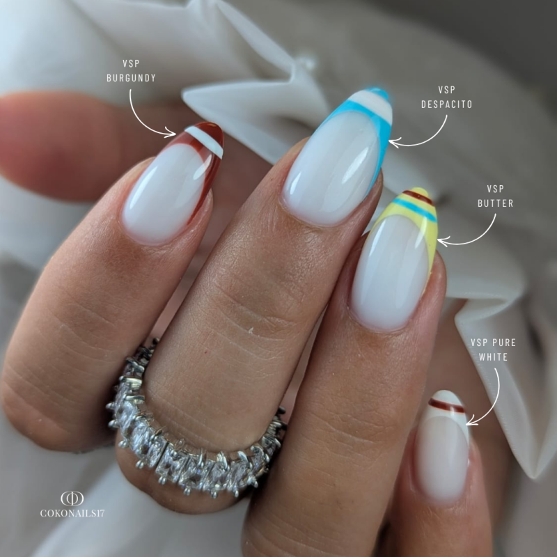 Pose d'ongles en amandes avec le vernis semi permanent Despacito, bleu turquoise pastel