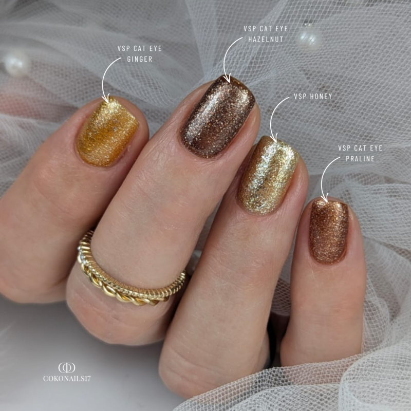 Pose d'ongles gainage avec le vernis semi permanent Cat Eye Ginger, doré orange cuivré