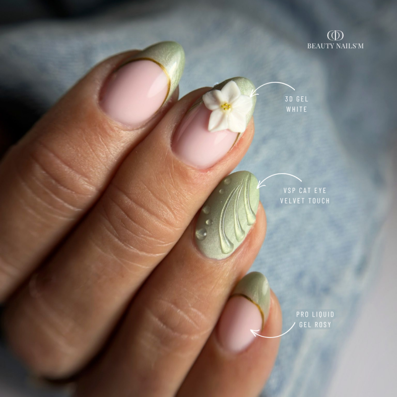 Pose d'ongles en amandes avec le vernis semi permanent Cat Eye Velvet Touch, vert pastel