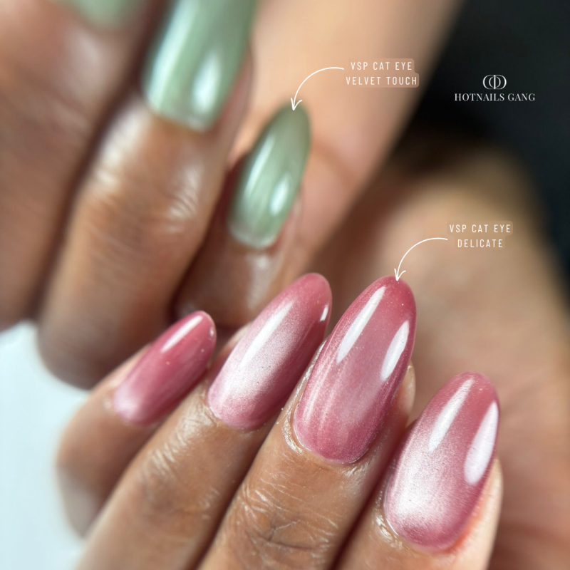 Pose d'ongles en amandes avec le vernis semi permanent Cat Eye Velvet Touch, vert pastel