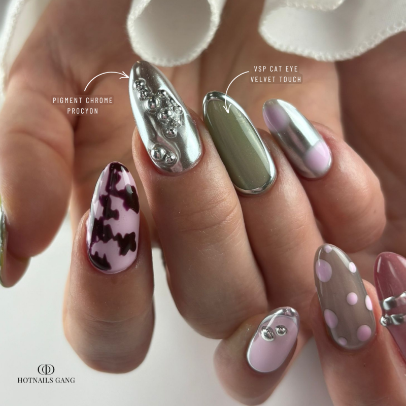 Pose d'ongles en amandes avec le vernis semi permanent Cat Eye Velvet Touch, vert pastel