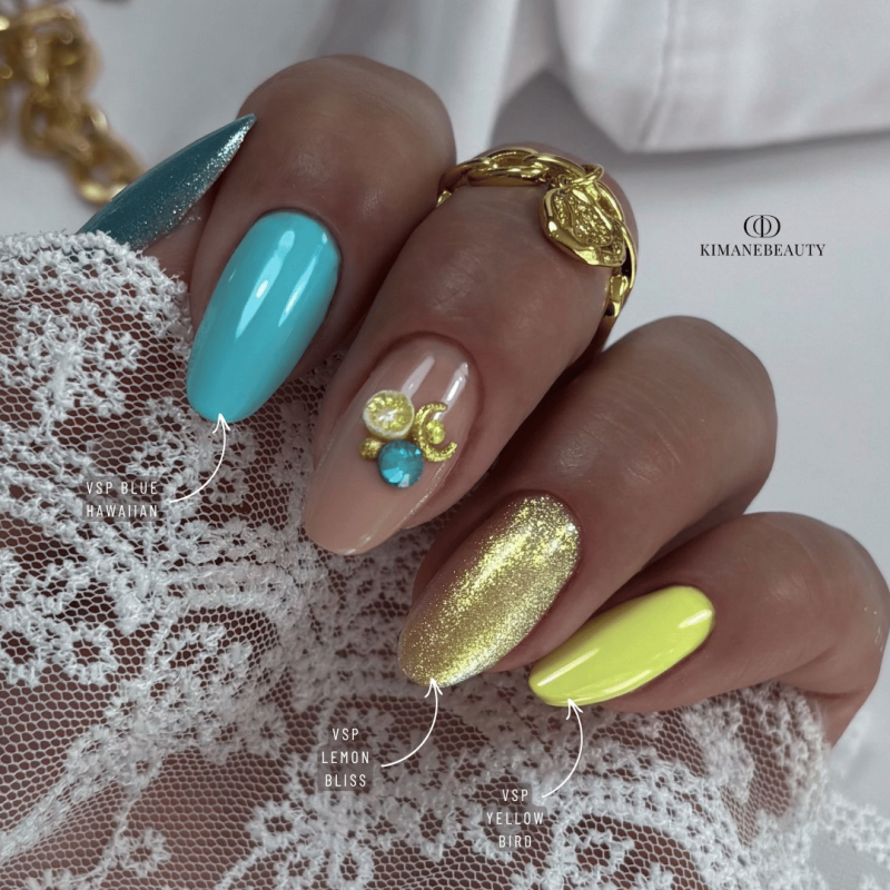 Pose en amandes avec le vernis semi permanent Lemon Bliss jaune irisé pailleté