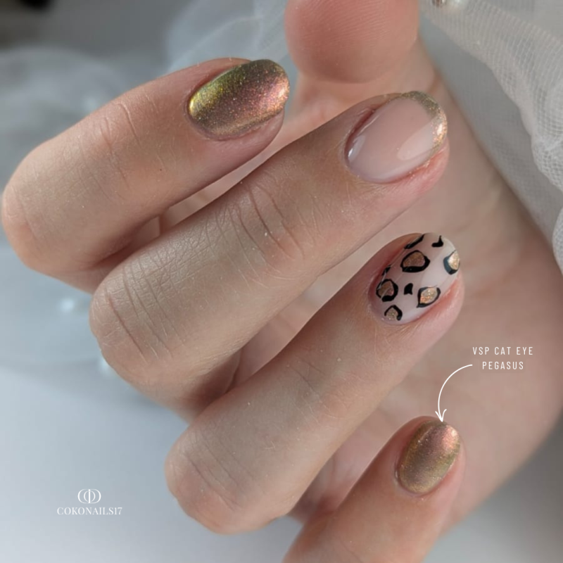 Pose ovale avec le vernis semi permanent Cat Eye Pegasus, cuivré doré rosé