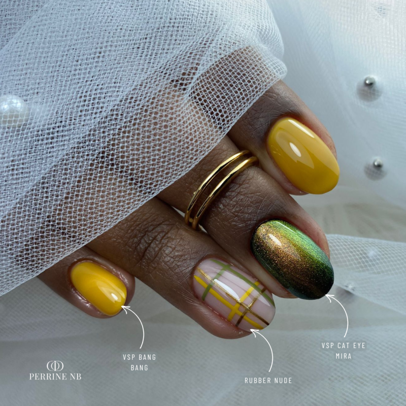 Pose d'ongles en gainage avec le vernis semi permanent Bang Bang, jaune moutarde