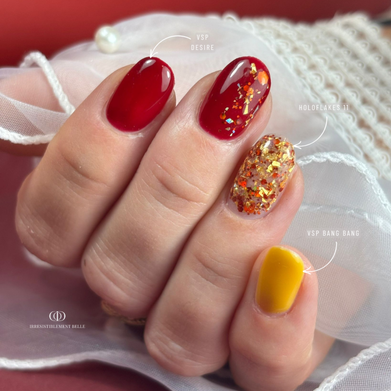 Pose d'ongles en gainage avec le vernis semi permanent Bang Bang, jaune moutarde