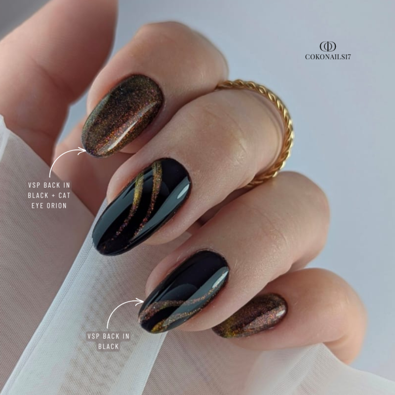 Pose d'ongles en amandes avec le vernis semi permanent Orion, doré cuivré rosé