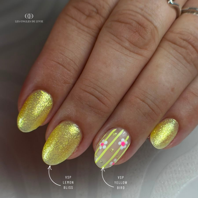 Pose en amandes avec le vernis semi permanent Yellow Bird jaune pastel néon