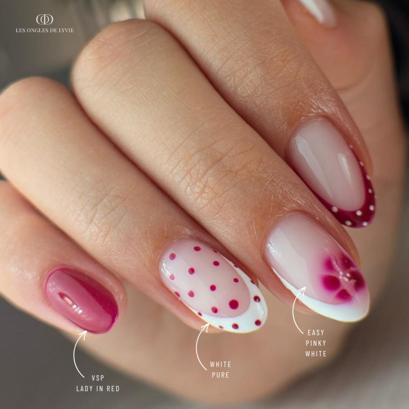 Pose d'ongles en amandes avec le vernis semi permanent Lady In Red, rouge rose