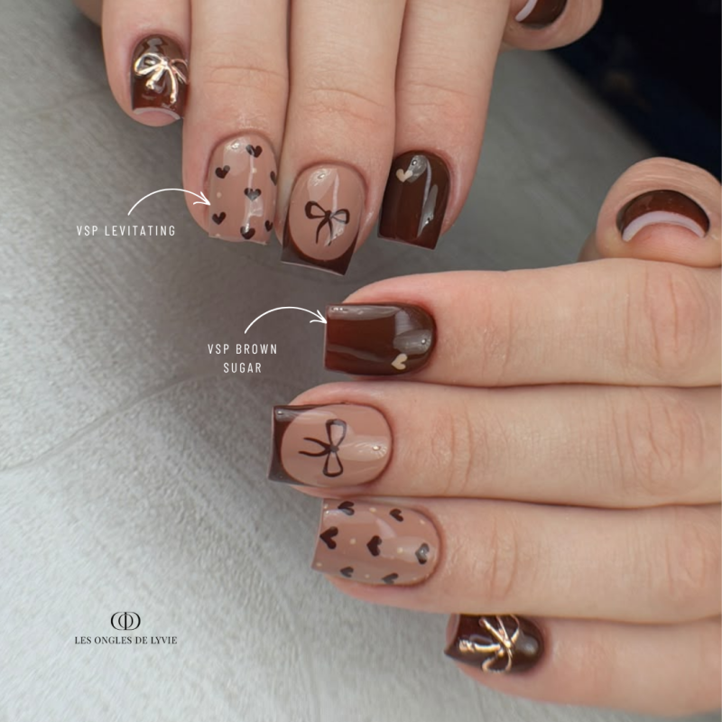 Pose d'ongles carrée avec le vernis semi permanent Brown Sugar, marron chaud