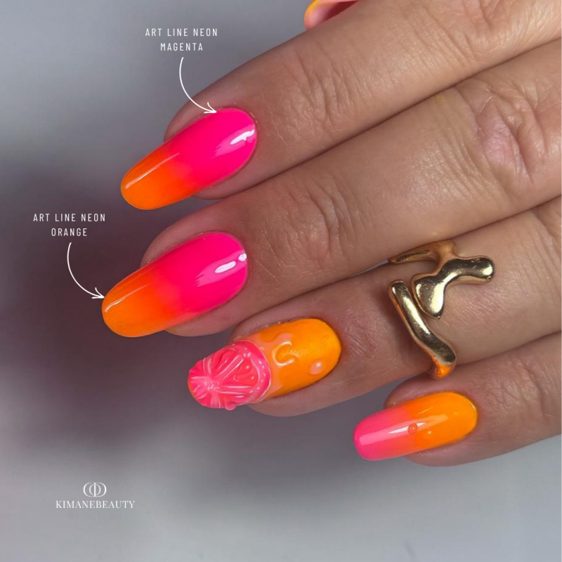 Pose d'ongles en amandes avec les gels paint Art Line Neon Magenta et Neon Orange