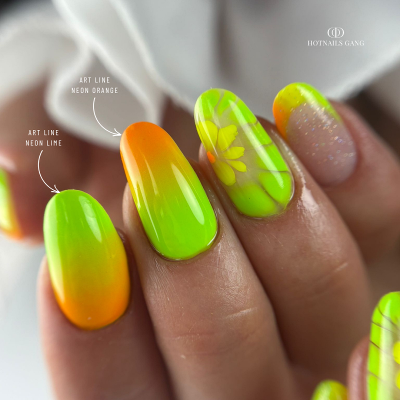 Pose en amandes avec les gels paint Art Line Neon Lime et Neon Orange