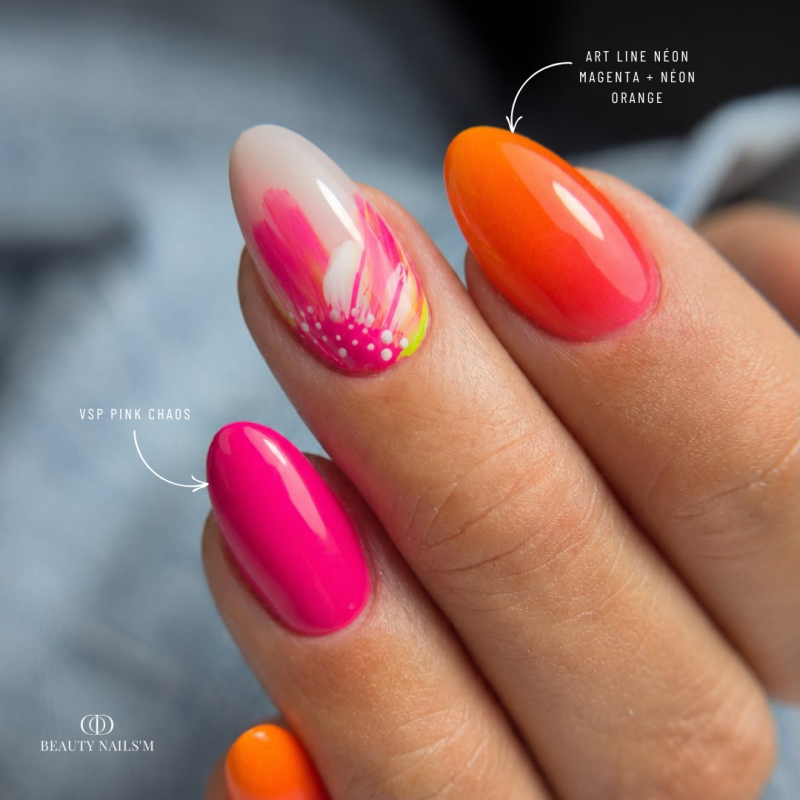 Pose d'ongles en amandes avec le gel paint Art Line Neon Magenta