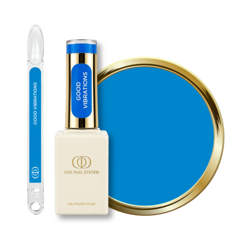 Flacon, tips et pastille du vernis semi permanent Good Vibrations, bleu