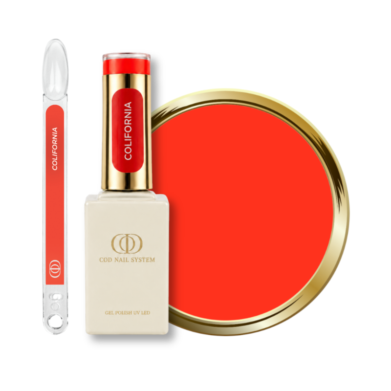 Flacon, tips et pastille du vernis semi permanent Colifornia, néon corail orangé