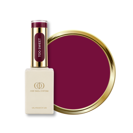 Flacon et pastille du vernis semi permanent Too Sweet, violet aux reflets fuchsia