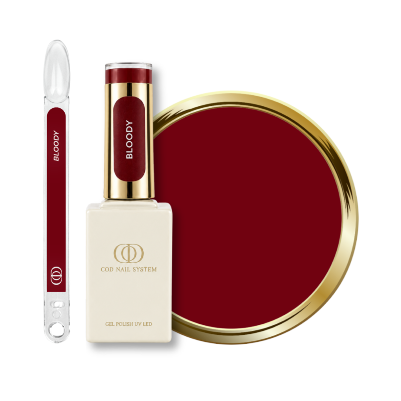 Flacon, tips et pastille du vernis semi permanent Bloody, rouge bordeaux