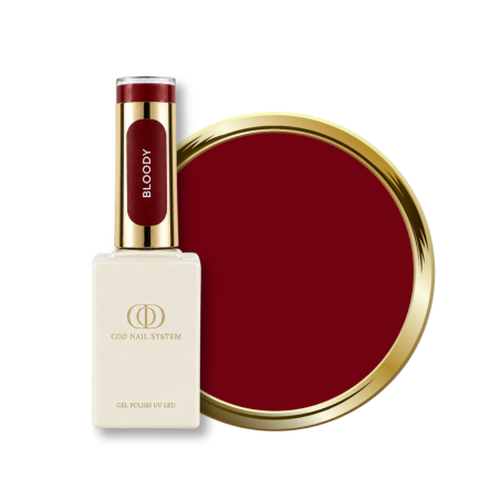 Flacon et pastille du vernis semi permanent Bloody, rouge bordeaux
