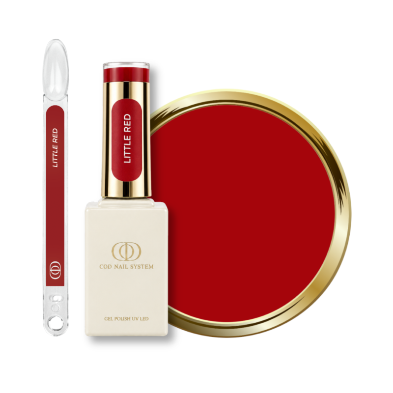 Flacon, tips et pastille du vernis semi permanent Little Red, rouge