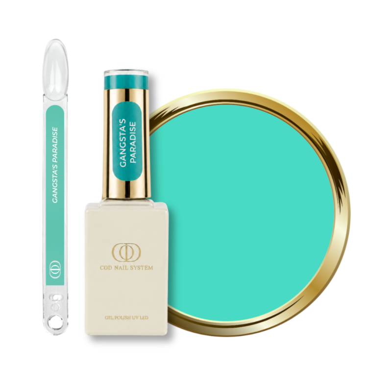 Flacon, tips et pastille du vernis semi permanent Gangsta's Paradise, vert turquoise