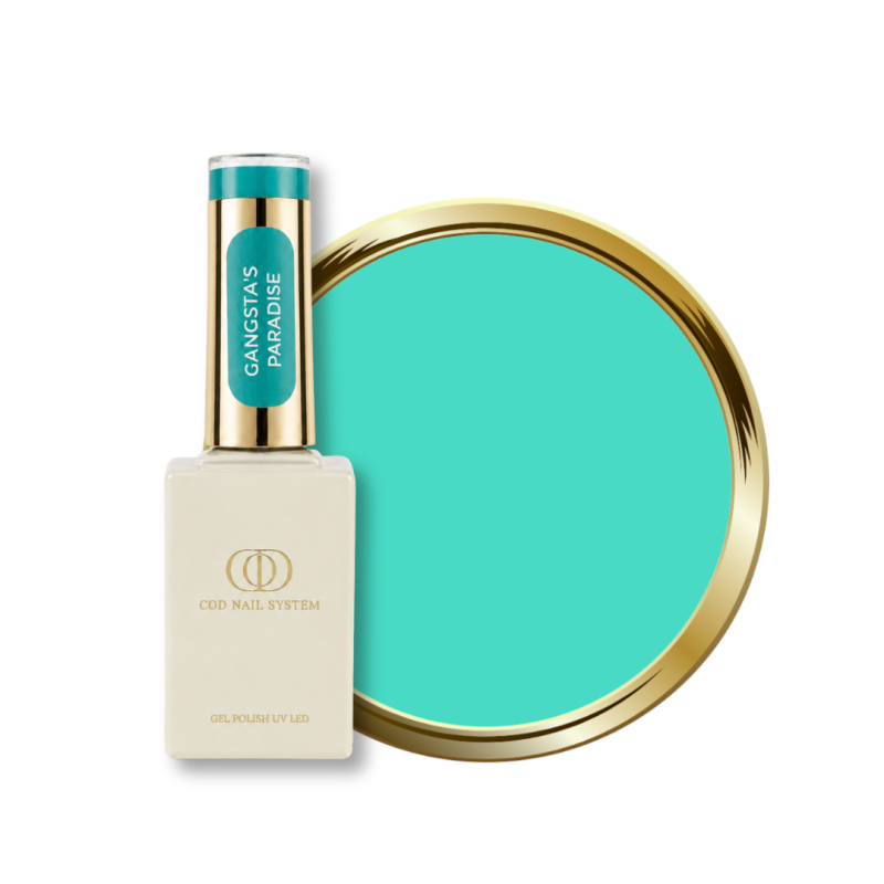 Flacon, tips et pastille du vernis semi permanent Gangsta's Paradise, vert turquoise