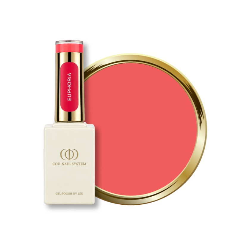 Flacon et pastille du vernis semi permanent Euphoria, rose orangé néon