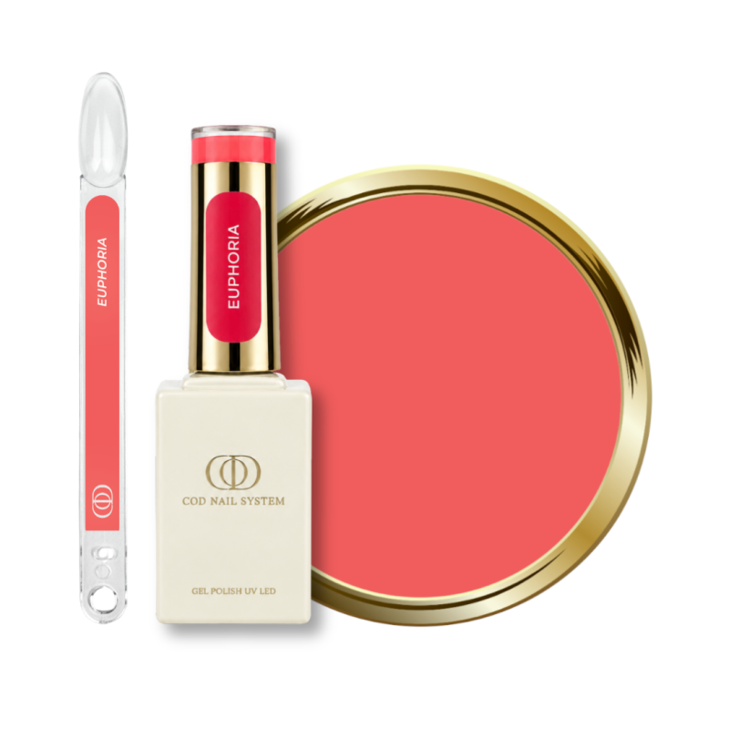 Flacon, tips et pastille du vernis semi permanent Euphoria, rose orangé néon