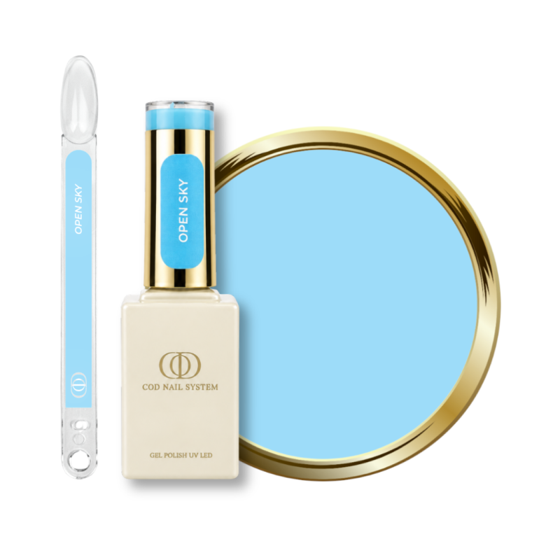 Flacon, tips et pastille du vernis semi permanent Open Sky, bleu ciel