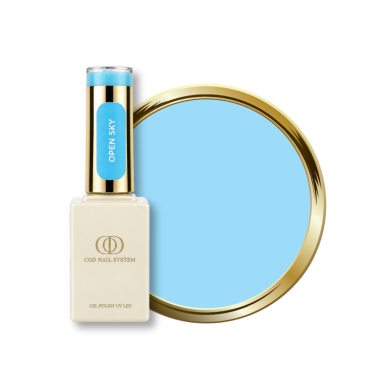 Flacon et pastille du vernis semi permanent Open Sky, bleu ciel