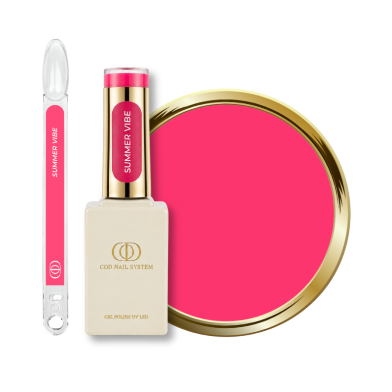 Flacon, tips et pastille du vernis semi permanent Summer Vibe, rose néon