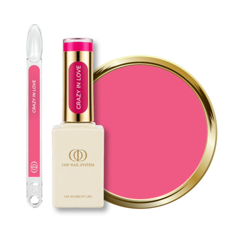 Flacon, tips et pastille du vernis semi permanent Crazy In Love, rose fuchsia néon