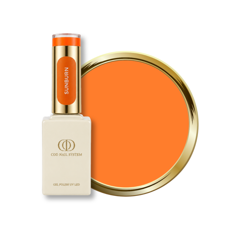 Flacon et pastille du vernis semi permanent Sunburn, orange néon
