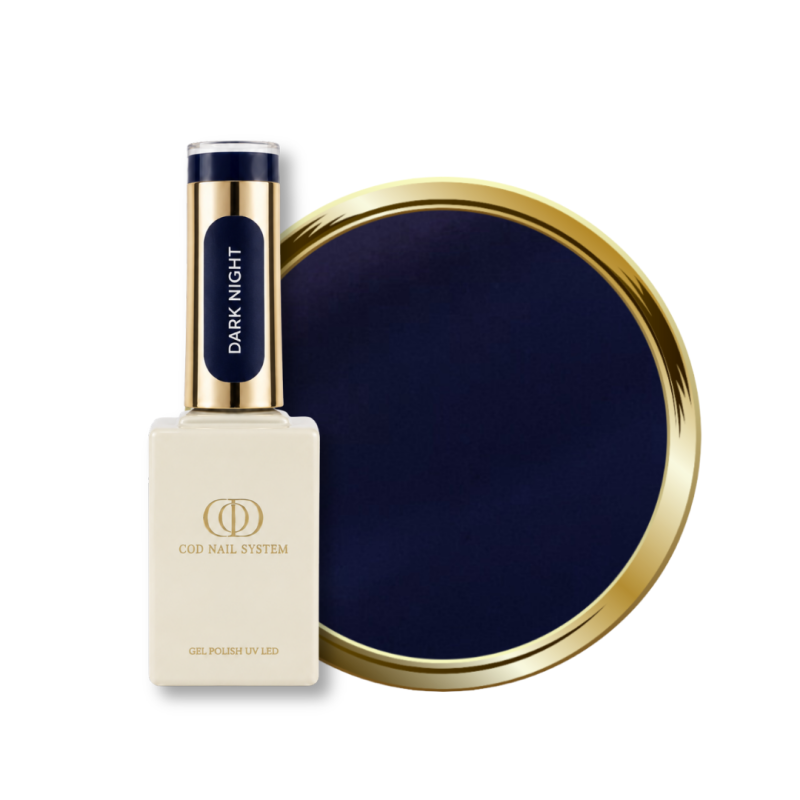 Flacon, tips et pastille du vernis semi permanent Dark Night, bleu nuit