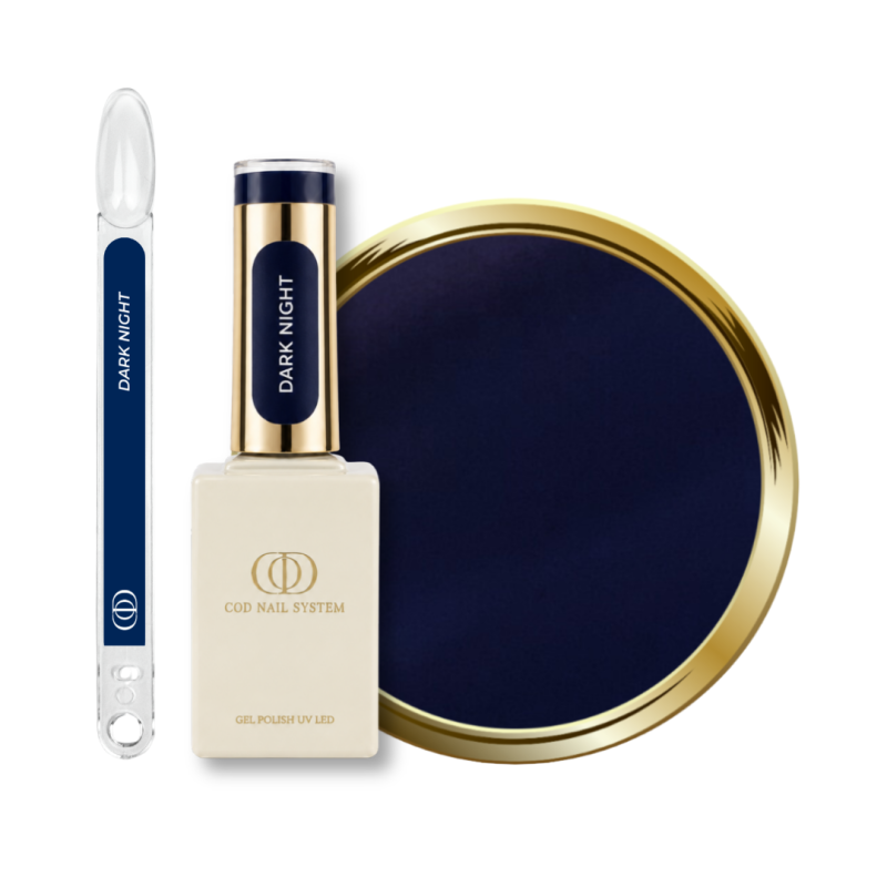 Flacon, tips et pastille du vernis semi permanent Dark Night, bleu nuit