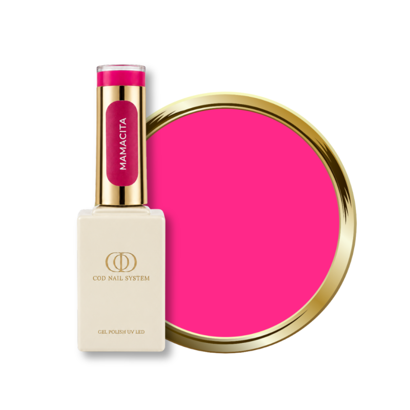 Flacon et pastille du vernis semi permanent Mamacita, rose néon