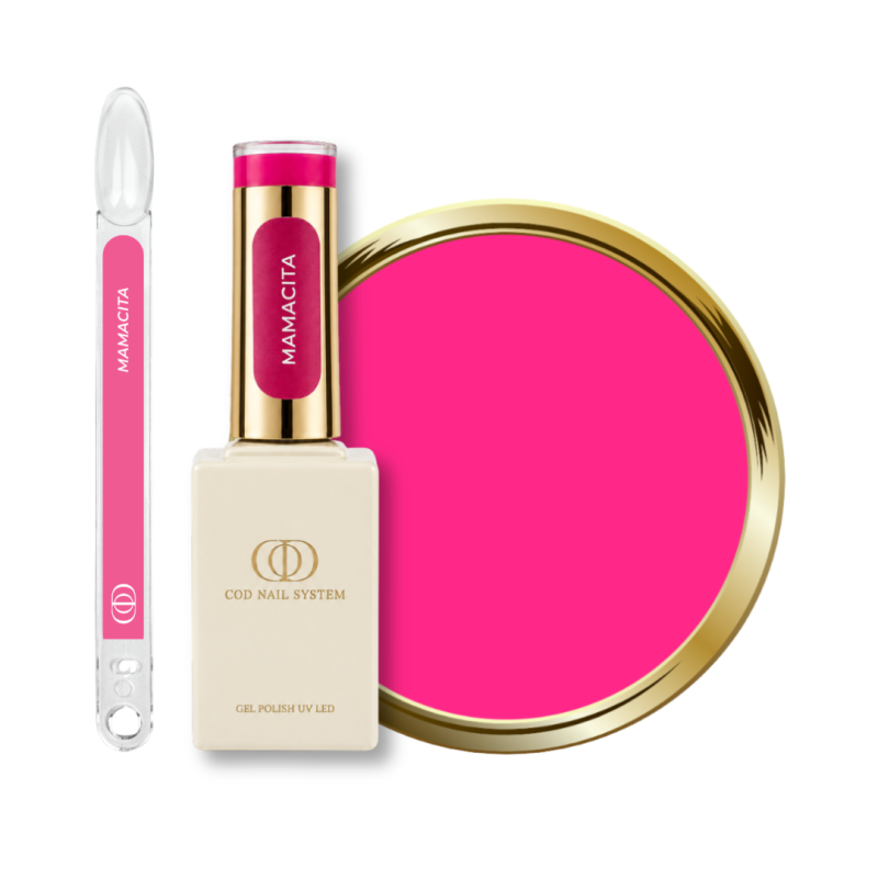 Flacon, tips et pastille du vernis semi permanent Mamacita, rose néon