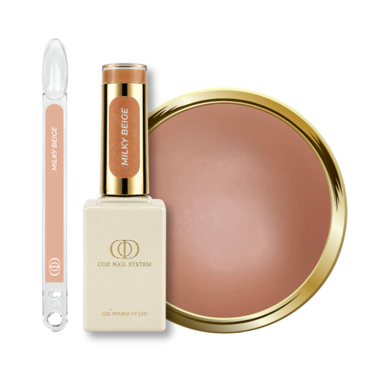 Flacon, tips et pastille du vernis semi permanent Milky Beige, beige laiteux