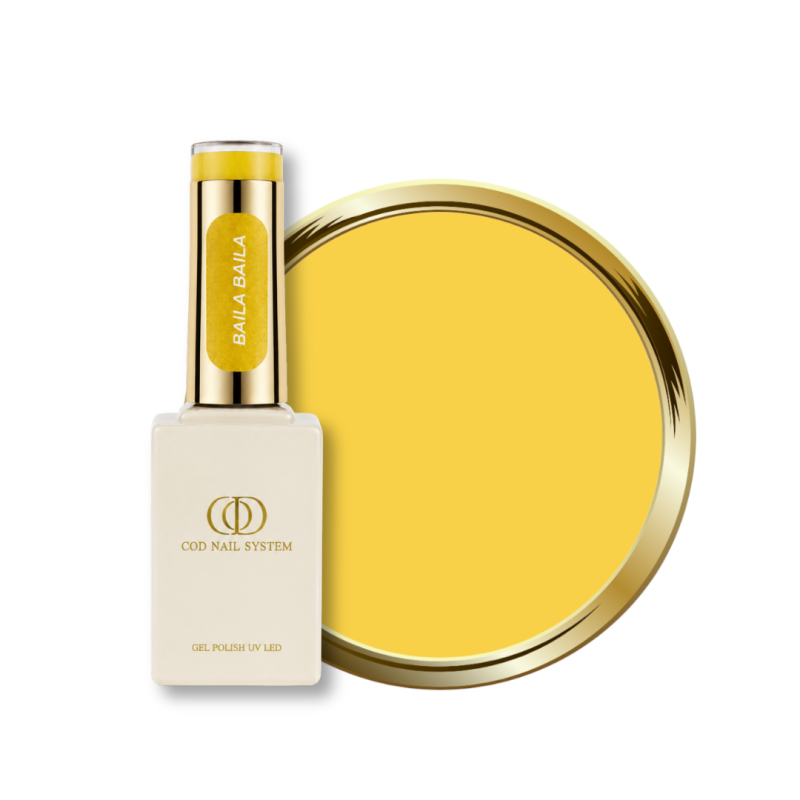 Flacon et pastille du vernis semi permanent Baila Baila, jaune poussin