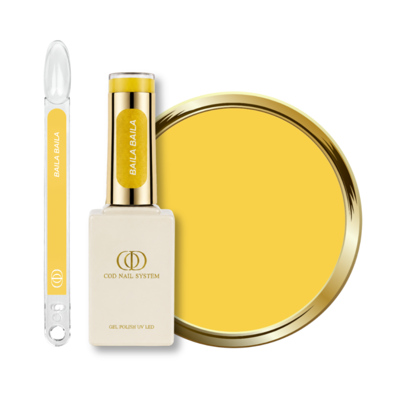 Flacon, tips et pastille du vernis semi permanent Baila Baila, jaune poussin