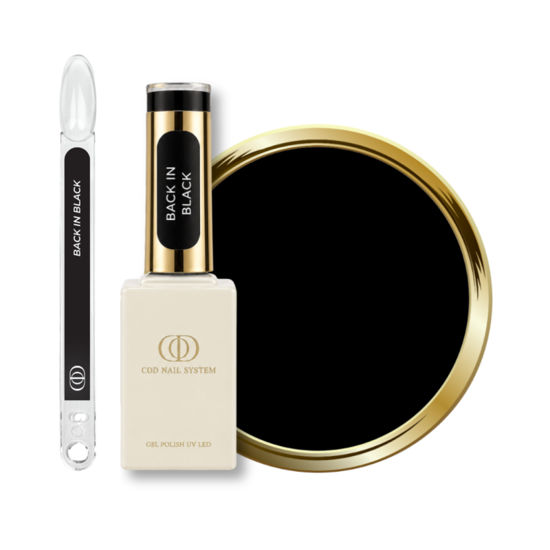 Flacon, tips et pastille du vernis semi permanent Back In Black, noir