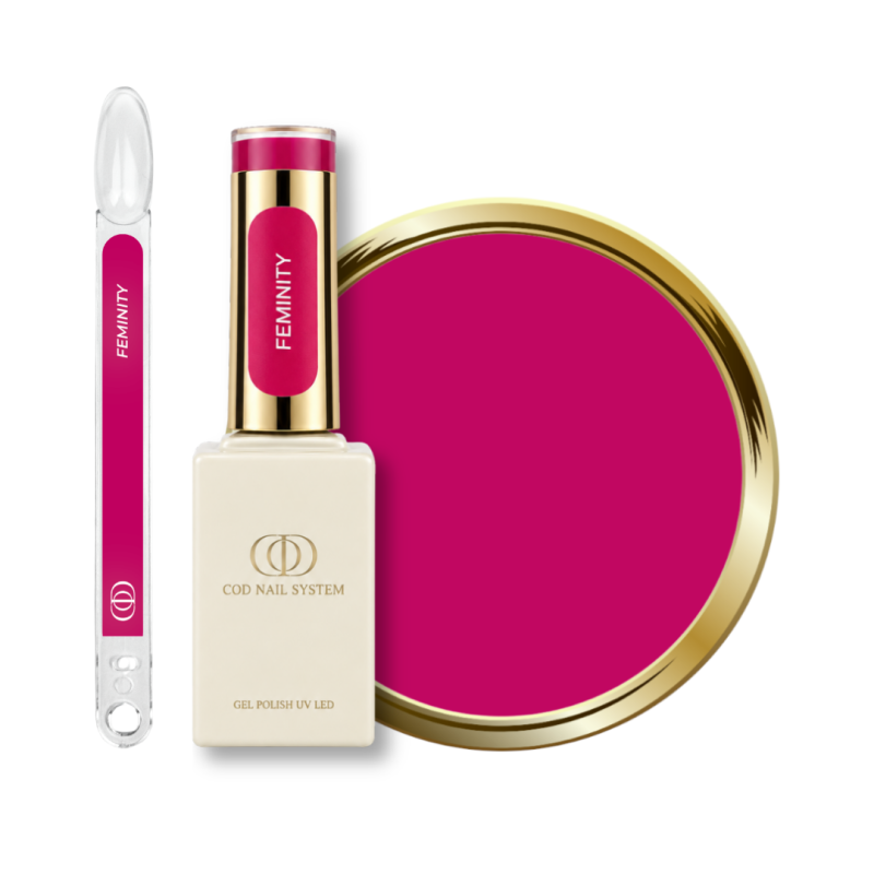 Flacon, tips et pastille du vernis semi permanent Feminity, rose