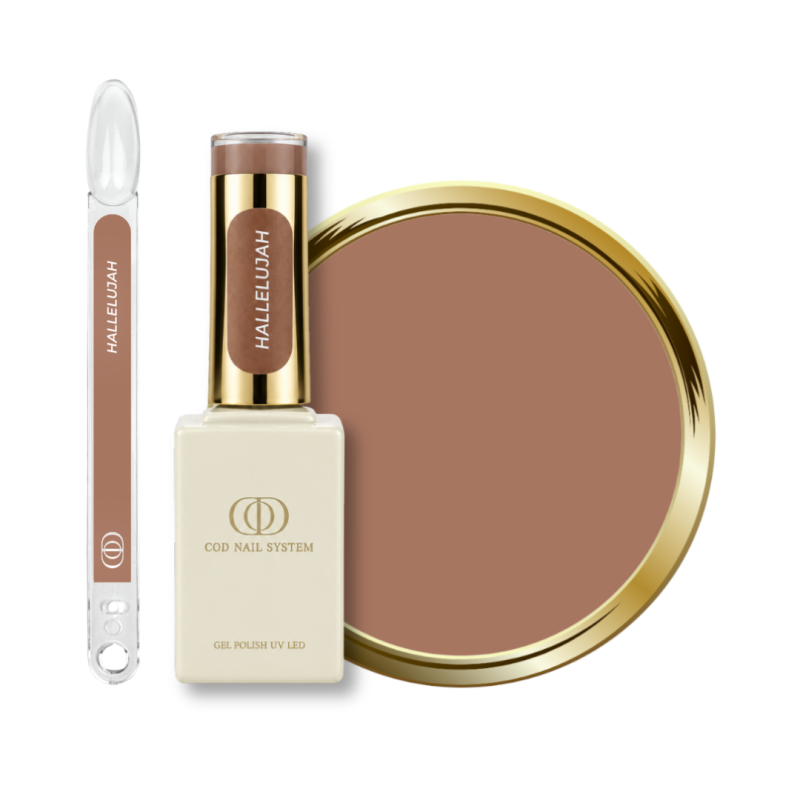 Flacon, tips et pastille du vernis semi permanent Hallelujah, beige nude