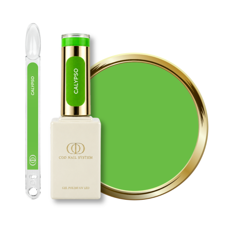 Flacon, tips et pastille du vernis semi permanent Calypso, vert néon intense