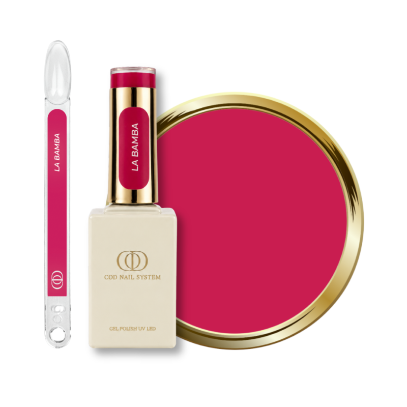 Flacon, tips et pastille du vernis semi permanent La Bamba, rose fuchsia