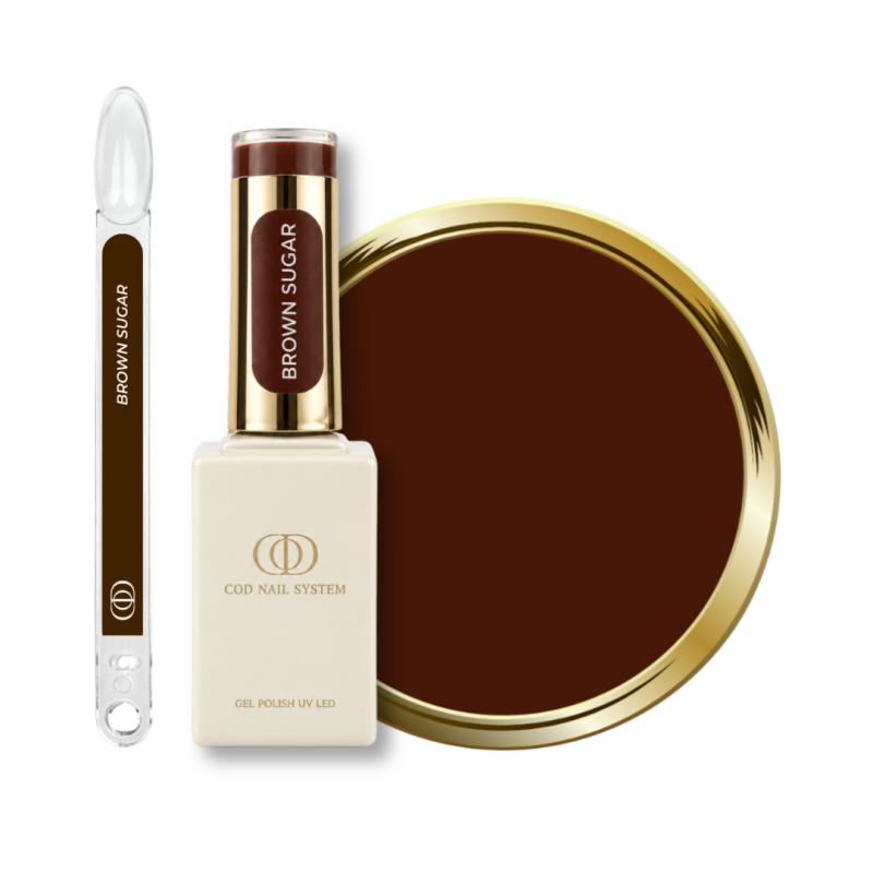 Flacon, tips et pastille du vernis semi permanent Brown Sugar, marron chaud