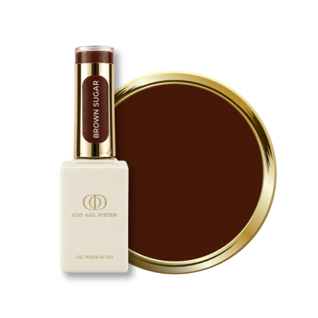 Flacon et pastille du vernis semi permanent Brown Sugar, marron chaud