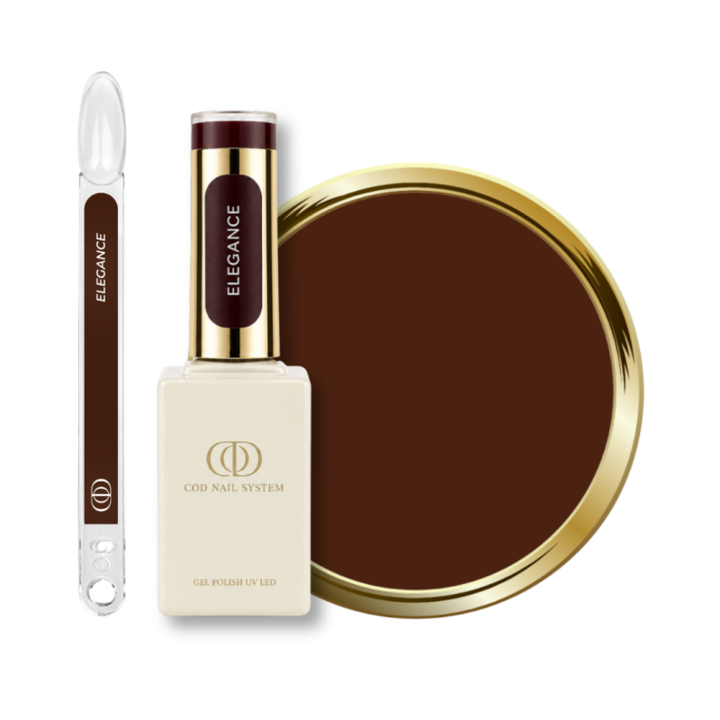 Flacon, tips et pastille du vernis semi permanent Elegance, marron chocolat