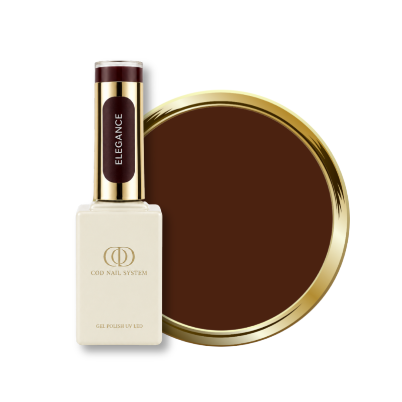 Flacon et pastille du vernis semi permanent Elegance, marron chocolat