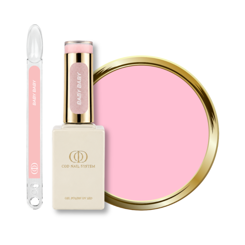 Flacon, tips et pastille du vernis semi permanent Baby Baby, blanc rosé milky