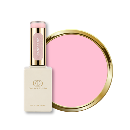 Flacon  et pastille du vernis semi permanent Baby Baby, blanc rosé milky